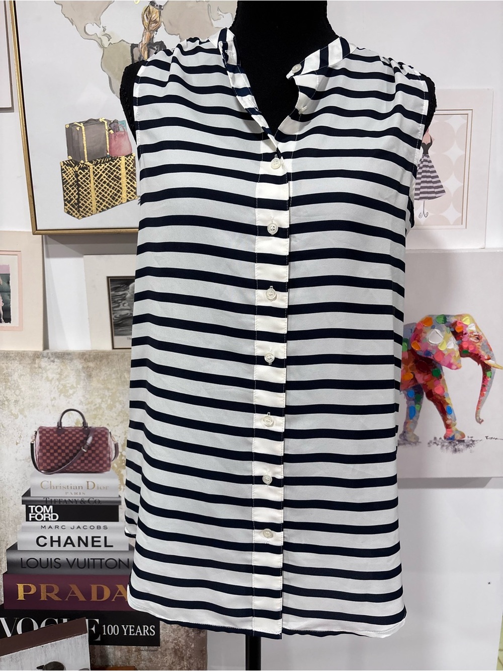 J. Crew Navy and White Striped Sleeveless Button-Down Top